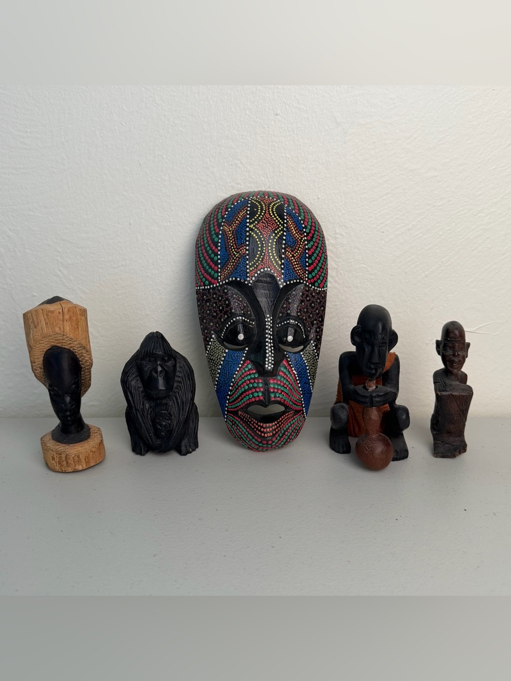 African Carved Wood Figures & Hand Painted Wall Mask Folk Art Decor Lot of 5